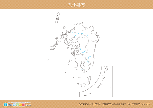 地方別白地図（九州地方）都道府県境あり川と湖あり大サイズ